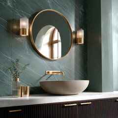 Round gold framed wall mirror marble bathroom vessel sink gold faucet green wall modern luxury elegant natural light