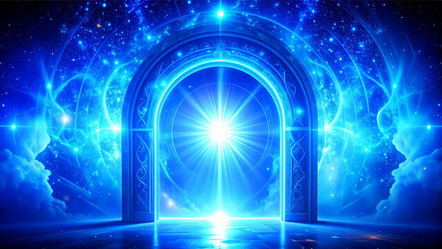 Bright digital of a blue sky door to the light in space near a planet and stars