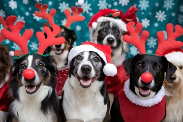Festive Canine Celebration: A Merry Gathering of Dogs Adorned in Christmas Attire and Reindeer Antlers 