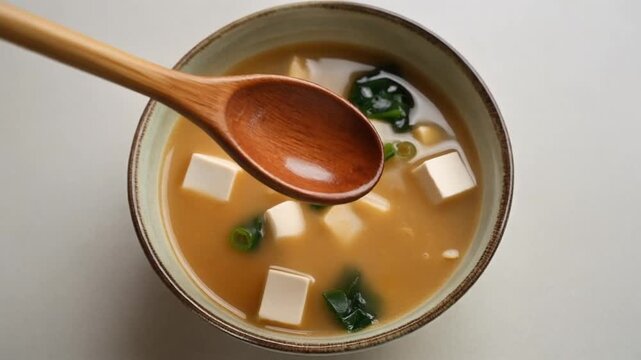 A comforting bowl of traditional Japanese miso soup, featuring healthy diced tofu and vibrant green seaweed, with a wooden spoon, showcasing a delicious and nourishing meal