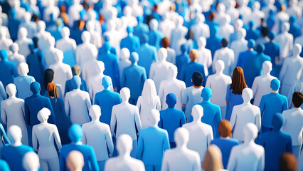 Obraz premium Different people in a large crowd concept with a single red person to symbolize individuality and leadership within a teamwork community