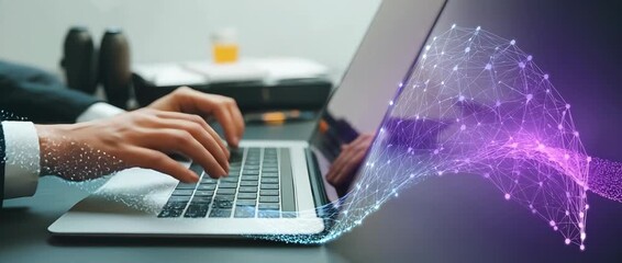 Person using laptop with abstract digital network visualization typing hands - Powered by Adobe