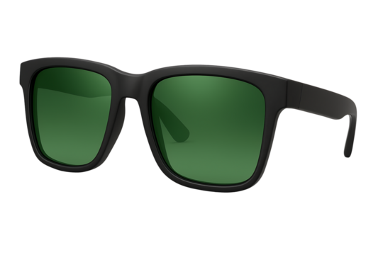 Stylish black sunglasses with green lens isolated on transparent background