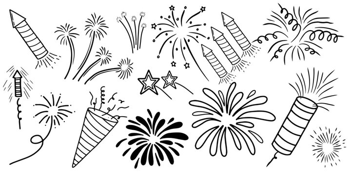 Hand drawn fireworks and celebration doodle set vector. Outline sketch collection of firecrackers and explosions. New year party elements line art