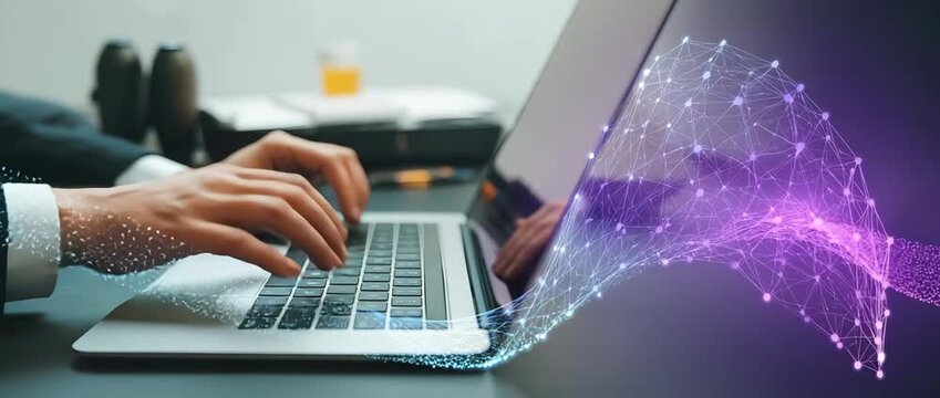 Person using laptop with abstract digital network visualization typing hands - Powered by Adobe