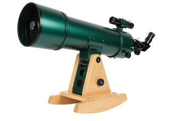 Isolated refracting telescope with wooden tripod mount for sky-watching, astronomy, astrophotography