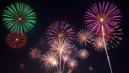 Fototapeta premium Fireworks exploding in the night sky, creating a vibrant and festive display. The colors are brilliant and the formations are diverse