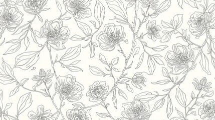 Obraz premium Delicate line art floral pattern with blooming flowers and elegant leaves, perfect for sophisticated stationery and modern decor backgrounds.