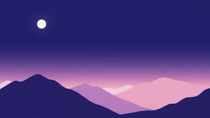 Dark blue night landscape with snow-capped mountains and bright moon