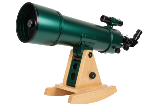 Isolated refracting telescope with wooden tripod mount for sky-watching, astronomy, astrophotography