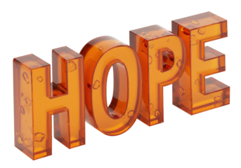 Isolated orange block letters spell out the word hope in a clear, plastic, transluscent material