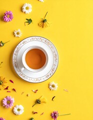 Tea cup surrounded by daisies on vibrant yellow backdrop