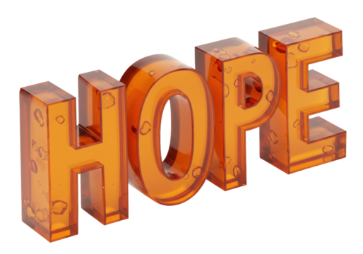 Isolated orange block letters spell out the word hope in a clear, plastic, transluscent material