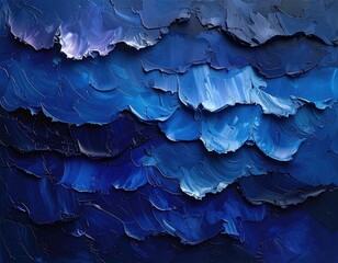 Abstract textured blue waves painted with thick oil