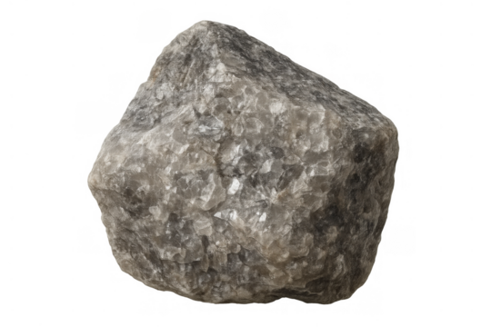 Rough natural gray stone mineral showing visible crystalline texture on transparent background, geology and earth science concept