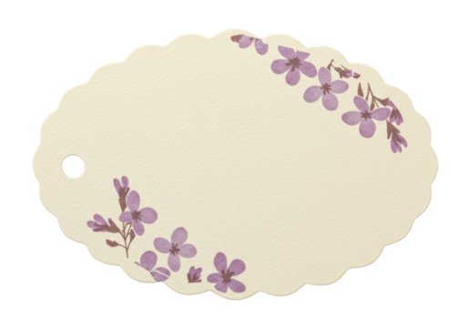 Isolated ornate beige tag with scalloped edges and purple floral design embellishments - Powered by Adobe