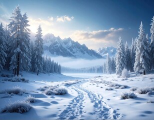 Snowy path leads to misty mountains through a frosty forest