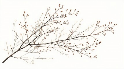 Delicate bare tree branches adorned with tiny buds reach gracefully against a clean white background, evoking subtle beauty and the promise of spring
