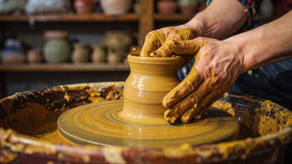 Skilled hands of an artist shaping wet clay on a pottery wheel, transforming the earthenware into a handmade ceramic art piece