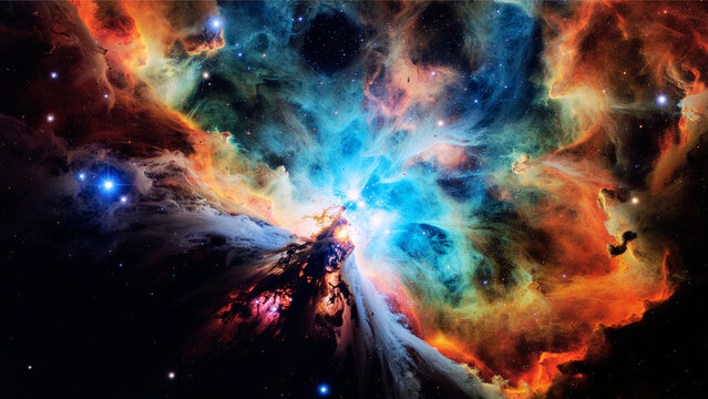 Abstract fractal background of a swirling cosmic dust cloud in deep space, suggesting a surreal galaxy or nebula - Powered by Adobe