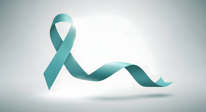 Teal ribbon on white background, symbol of ovarian cancer awareness month - Powered by Adobe
