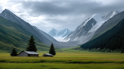 Green valley with wooden cabins, pine trees, and snow capped mountains under cloudy sky, peaceful and remote landscape view