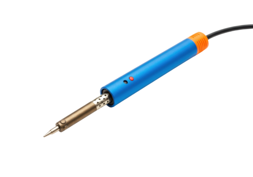 Isolated soldering iron with blue handle and thin tip, tool for joining electric components