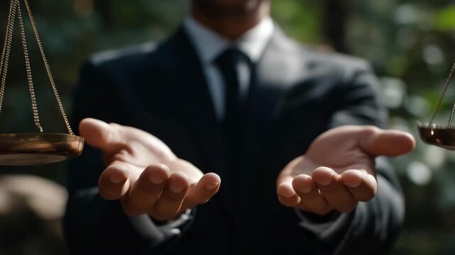 Hands of a person positioned above a symbolic scale, palms open, emotion of careful judgment and focus visible, symbolizing moral choices, personal decision-making, and weighing options in life or