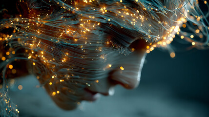 Digital human face made of flowing lines and glowing lights represents connection between ai and human mind in futuristic and artistic style