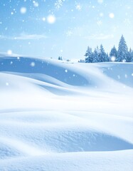 Snowy hills, pine trees, and snowflakes in a cool blue scene