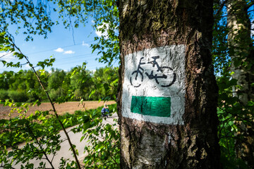 Hiking trail marker painted on a tree trunk along a green countryside path in Małopolska, Poland.
