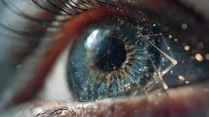 Human eye reflects complex network symbolizing mind and ai connection, highlighting intricate relationship between human perception and artificial intelligence