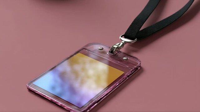 A transparent pink ID badge holder with a colorful card inside attached to a black lanyard with a metal clasp resting on a dusty rose surface
