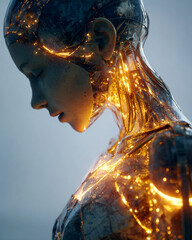 Glowing futuristic human robot with intricate mechanical details and illuminated circuits reflects fusion of ai and human mind in serene and thoughtful pose