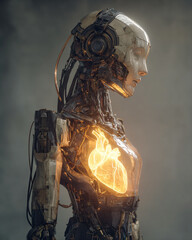 Futuristic robot with glowing heart inside its transparent chest symbolizes fusion of ai and human mind in captivating sci fi concept