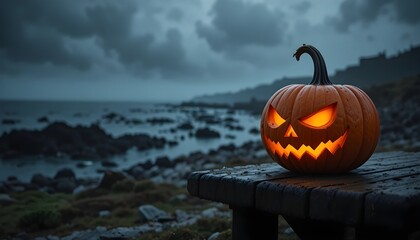 Spooky Halloween Jack-O’-Lantern Pumpkin on Wooden Bench with Misty Coastal Night Background