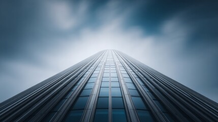 Fototapeta premium A striking view highlights a modern office building reaching toward the sky, its glass surface shimmering in the soft light. Clouds drift above, creating a dramatic atmosphere