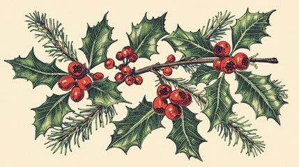 Vibrant vintage holly and pine branch arrangement with rich red berries and lush green leaves, perfect for festive holiday designs and seasonal decor.
