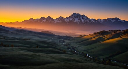 Fototapeta premium 朝焼けの幻想的な光が冠雪した荘厳な山々を温かく包み込み緑豊かな深い谷間をゆったりと流れる清流と起伏に富んだ丘陵を鮮やかに照らし出す地平線まで続く黄金色に染まる空と大地が織りなす息をのむような壮大な静寂の絶景. AI Generated