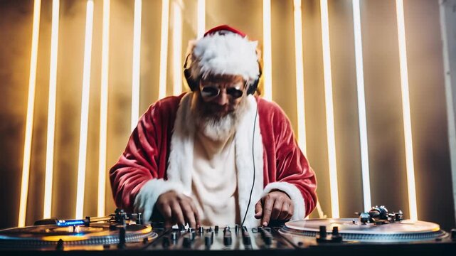 Santa takes over the decks in a stylish studio, headphones on and crossfader flying as neon lines pulse; upbeat leisure clip blending tradition and nightlife for club promos, event invites