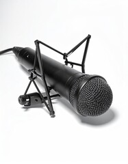 Black condenser microphone with wire cradle on white ground