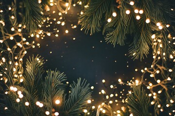 Festive Holiday Scene with Glowing String Lights and Evergreen Branches Creating a Warm and Inviting Christmas Ambiance.