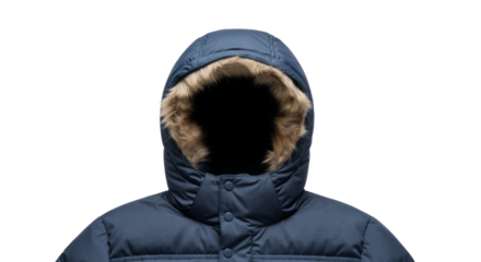 A blue winter parka jacket with a faux fur trimmed hood. Close-up of cold weather outerwear isolated on a transparent background