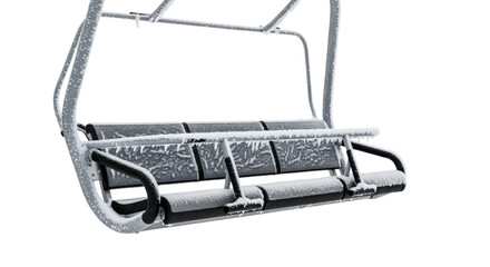 Frozen chairlift covered in snow and ice isolated on a transparent background. Empty ski resort lift during a cold winter season
