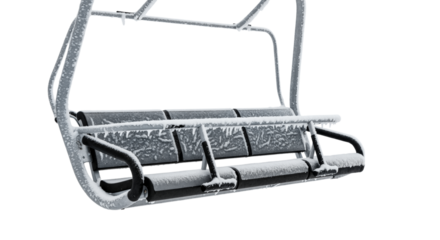 Frozen chairlift covered in snow and ice isolated on a transparent background. Empty ski resort lift during a cold winter season