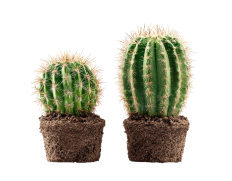 Two small cacti in separate pots, one slightly larger than the other
