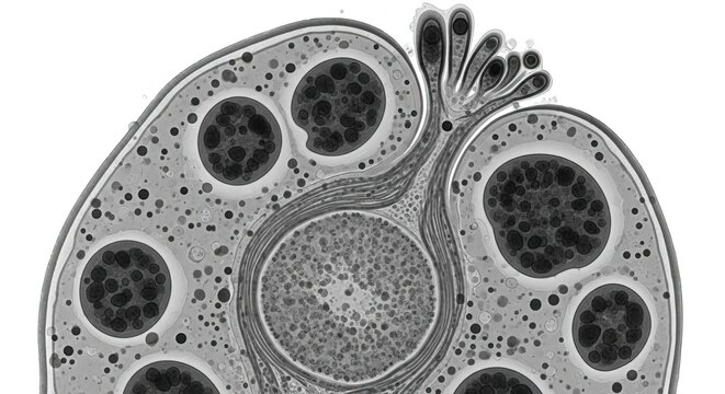 TEM cross-section showing dense granules and micronemes in parasite