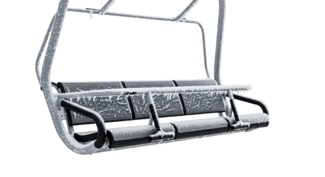 Frozen chairlift covered in snow and ice isolated on a transparent background. Empty ski resort lift during a cold winter season - Powered by Adobe