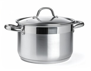 Shiny metal pot with glass lid isolated on white