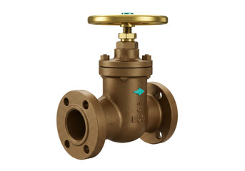 Isolated valve industrial pipe fitting supply with a golden wheel on a plain background
